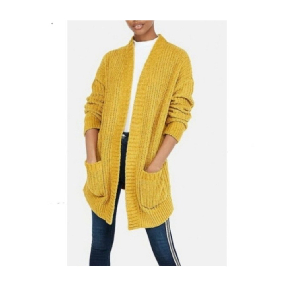 Express Open-Front Chenille Cardigan Sweater Mustard Yellow Chunky Knit Pockets